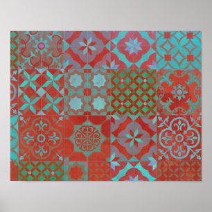 Coole, trendige ägäische Fliesen in Rot und Blau Poster