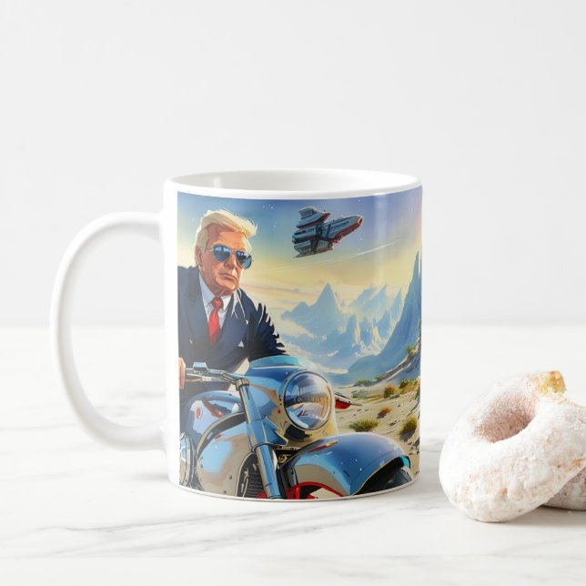 coole Trump Motorrad-Alien Planet Raumschiff MAGA Kaffeetasse (Mit Donut)