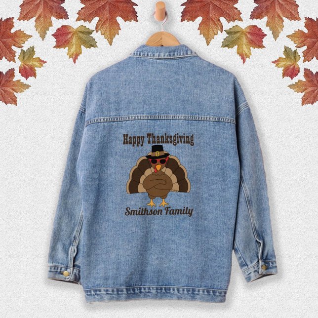 Coole Türkei glücklich Thanksgiving Familienname T Jeansjacke (Fun Turkey Happy Thanksgiving Family name Denim Jacket with custom text for cool ladies. )
