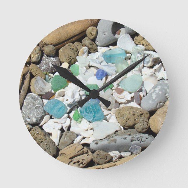 Coole Uhren, Sea Glass Seashells Fossils Driftwood Runde Wanduhr (Vorderseite)