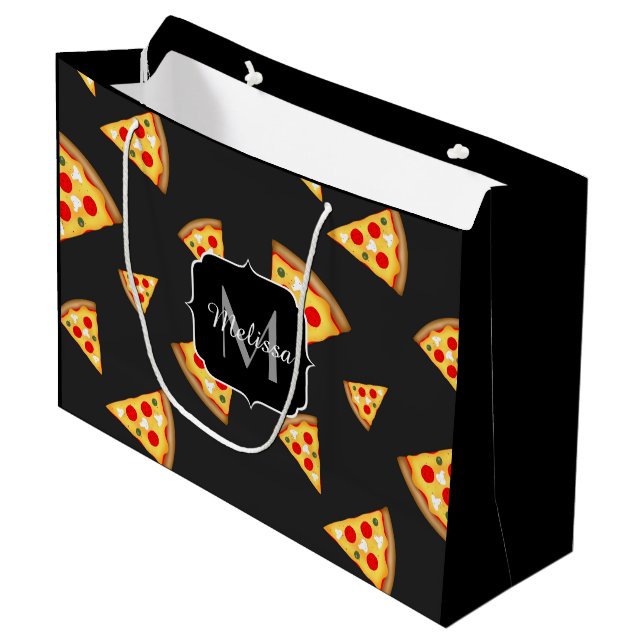 Coole und lustige Pizzaslicmuster Monogram Große Geschenktüte (Vorderseite Schrägansicht)