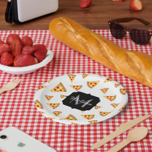 Coole und lustige Pizzaslicmuster Monogramm weiß Pappteller