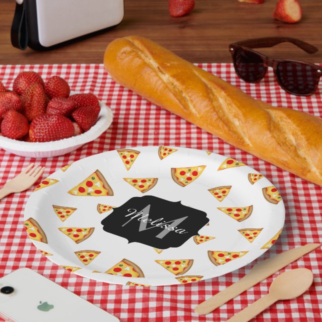 Coole und lustige Pizzaslicmuster Monogramm weiß Pappteller (Picknick)