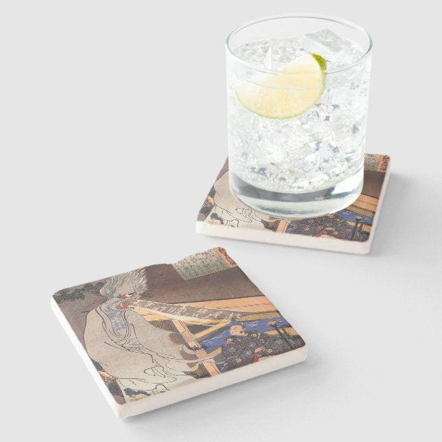 Coole Vintage japanische Ghost-Blockdrucke Steinuntersetzer (Seitenansicht)