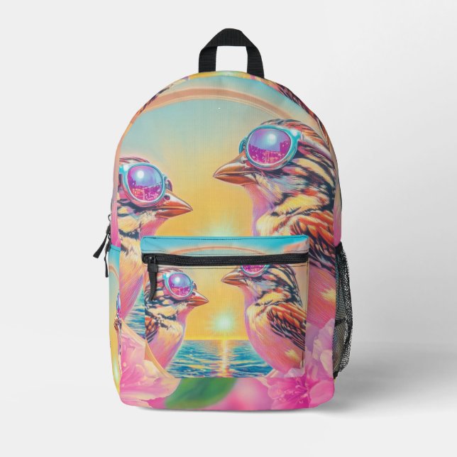 Coole Vögel mit Sonnenbrille bei Sonnenuntergang Bedruckter Rucksack (Vorderseite)