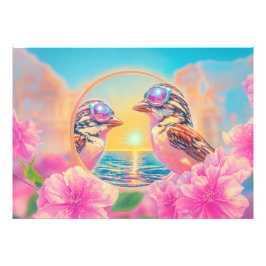 Coole Vögel mit Sonnenbrille bei Sonnenuntergang Fotodruck