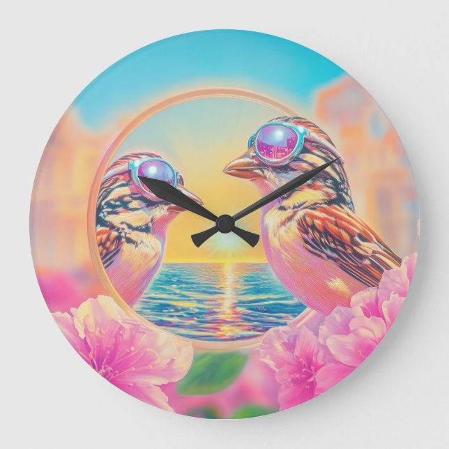Coole Vögel mit Sonnenbrille bei Sonnenuntergang Große Wanduhr (Vorderseite)