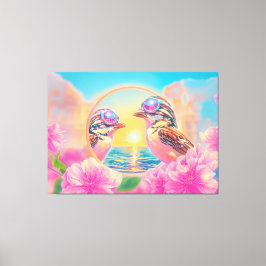 Coole Vögel mit Sonnenbrille bei Sonnenuntergang Leinwanddruck