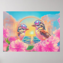 Coole Vögel mit Sonnenbrille bei Sonnenuntergang Poster