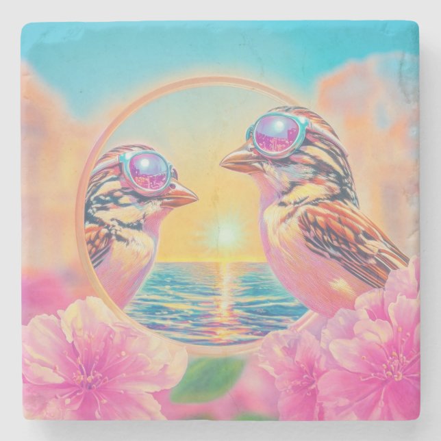 Coole Vögel mit Sonnenbrille bei Sonnenuntergang Steinuntersetzer (Vorderseite)