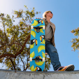 Coole Vögel Spaß Banana Toucan Blau Gelb Tropisch Skateboard