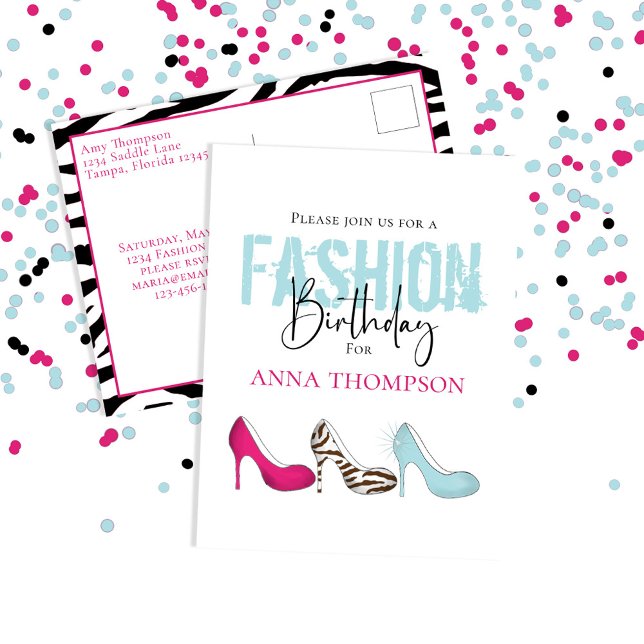 Coole Vorlage für Girl Birthday Party Postkarte (Whimsical fashion shoes custom birthday party invitations. )
