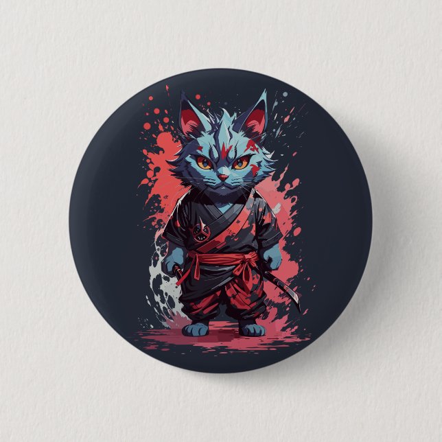 Coole Wasserfarbe Gray Ninja Kat Krieger Button (Vorderseite)