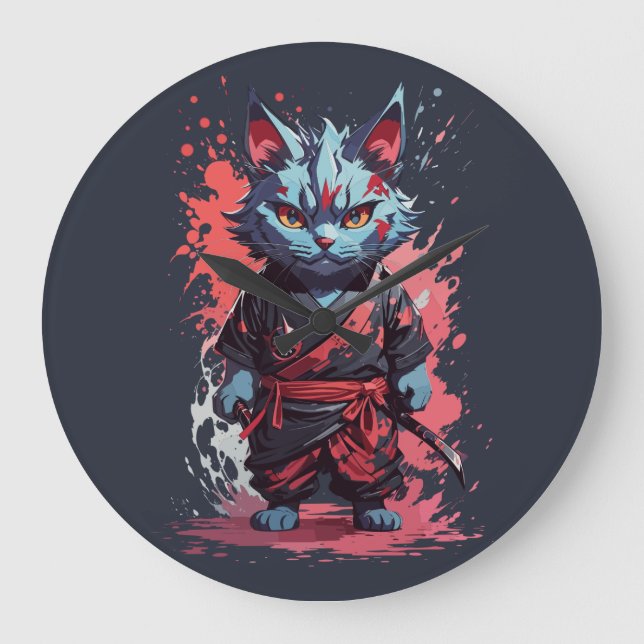 Coole Wasserfarbe Gray Ninja Kat Krieger Große Wanduhr (Vorderseite)