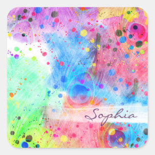 Coole Wasserfarben Pfauenfedern abstraktes Muster Quadratischer Aufkleber