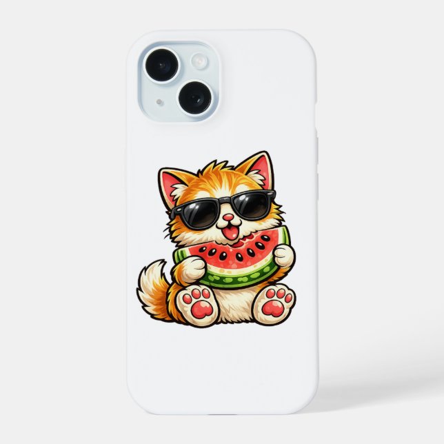 Coole Wassermelonen-Katze iPhone 15 Hülle (Rückseite)