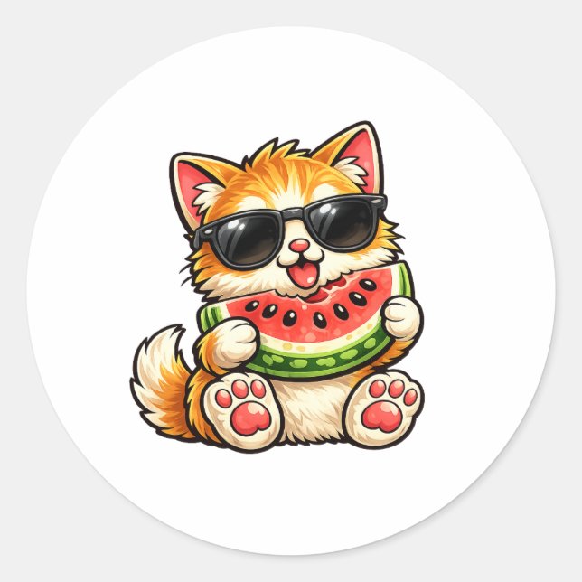 Coole Wassermelonen-Katze Runder Aufkleber (Vorderseite)