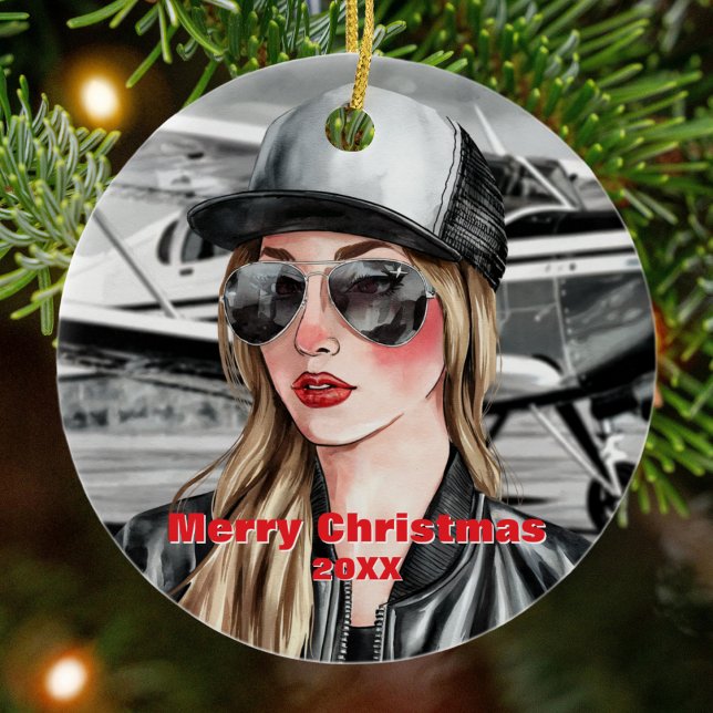 Coole weibliche Pilotin und Cessna-Flugzeug in Aqu Keramik Ornament (Von Creator hochgeladen)