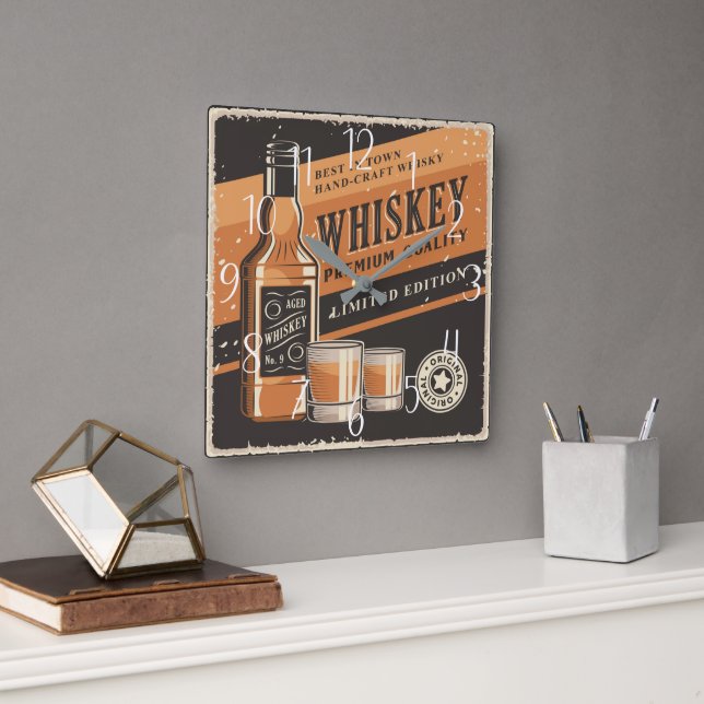 coole Whiskey-Zuhause-Bar Quadratische Wanduhr (Büro)