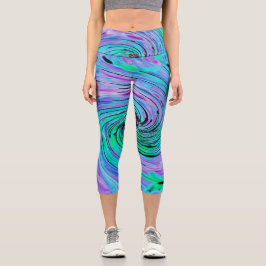Cooler Abstrakter Limettengrün und Lila Blumenwirb Capri Leggings