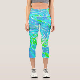Cooler Abstrakter Retro-Aqua und Kalkgrüner Swirl Capri Leggings