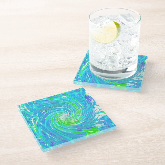 Cooler Abstrakter Retro-Aqua und Kalkgrüner Swirl Glasuntersetzer (Schrägansicht)