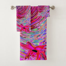 Cooler Abstrakter Retro Hot Pink und Roter Blütenw Badhandtuch Set