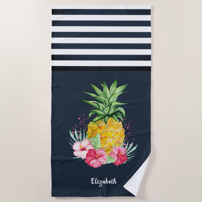 Cooler Ananas-Hibiskus Navy Blue Striped Strandtuch (Vorderseite)