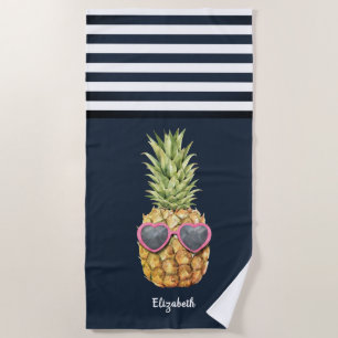 Cooler Ananas Nautical Navy Blau Streifen Strandtuch