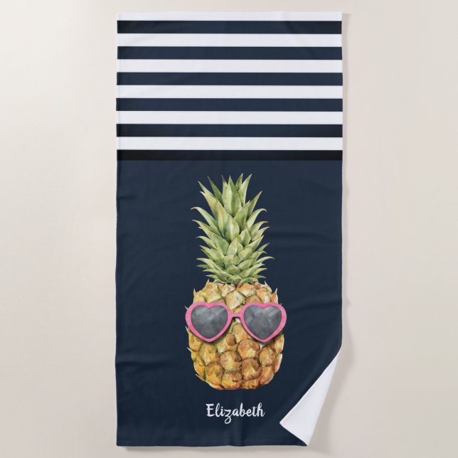 Cooler Ananas Nautical Navy Blau Streifen Strandtuch (Vorderseite)