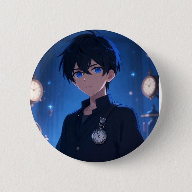 Cooler Anime-Junge mit blauen Augen und Uhren-Ästh Button (Vorderseite)
