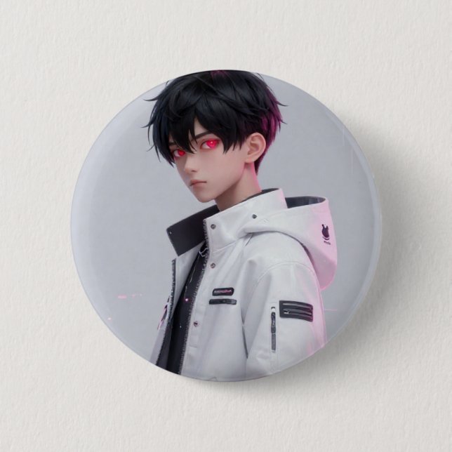 Cooler Anime-Junge mit roten Augen Techwear-Abzeic Button (Vorderseite)