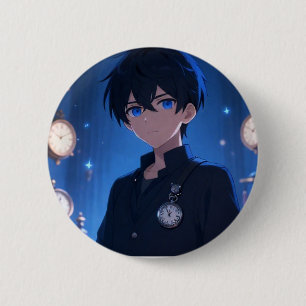 Cooler Anime-Junge mit Vintage-Uhren Blaue Ästheti Button