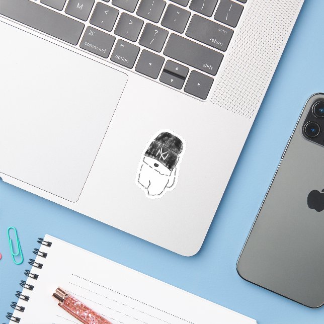 Cooler Bichon Frise-Welpe mit schwarzer Beanie Aufkleber (Laptop mit iPhone)