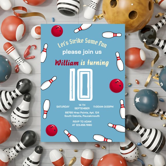 Cooler blauer Bowling 10. Geburtstag Einladung (Von Creator hochgeladen)