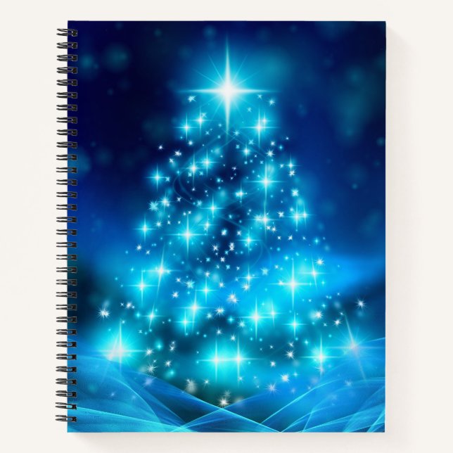 Cooler Blauer Weihnachtsbaum mit glänzenden Lichte Notizbuch (Vorderseite)