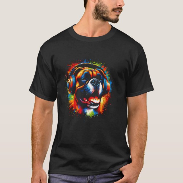 Cooler Boxer Dog Headphone Musik Weihnachten T-Shirt (Vorderseite)