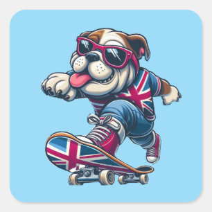 Cooler britischer Bulldog auf Skateboard Quadratischer Aufkleber