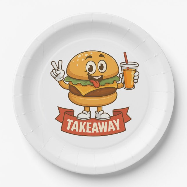 Cooler Burger Buddy mit Saft - Cartoon Charact Pappteller (Vorderseite)