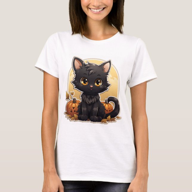 Cooler Cartoon Halloween Cat T-Shirt (Vorderseite)
