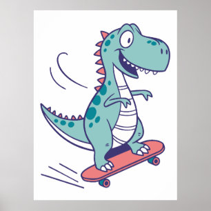 Cooler Cartoon T-Rex auf Skateboard Poster
