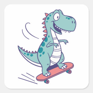 Cooler Cartoon T-Rex auf Skateboard Quadratischer Aufkleber