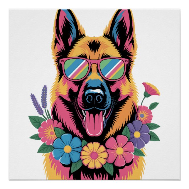 Cooler Deutscher Schäferhund in Neonbrille Poster (Vorderseite)