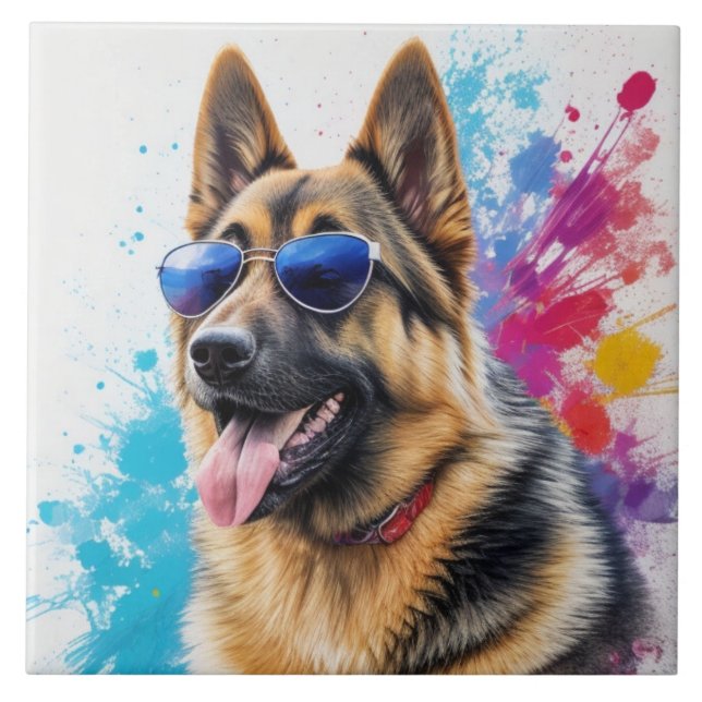 Cooler deutscher Schäferhund mit Sonnenbrille Spla Fliese (Vorderseite)
