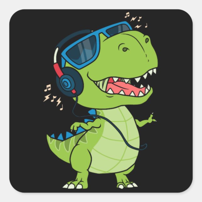 Cooler Dinosaurier beim Musikhören Quadratischer Aufkleber (Vorderseite)