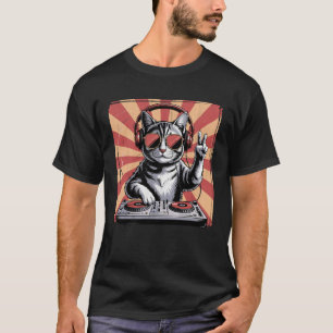 Cooler DJ-Katze mit Kopfhörern Retro Vintage-Musik T-Shirt