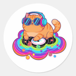 Cooler DJ Orange Katze mit Kopfhörern auf Regenbog Runder Aufkleber