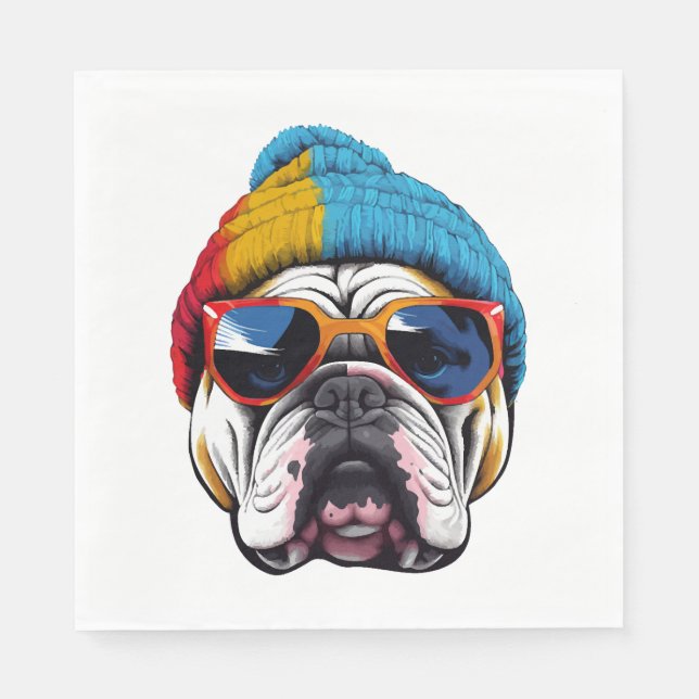 Cooler englischer Bulldog mit einem Beanie-Hut Serviette (Vorderseite)