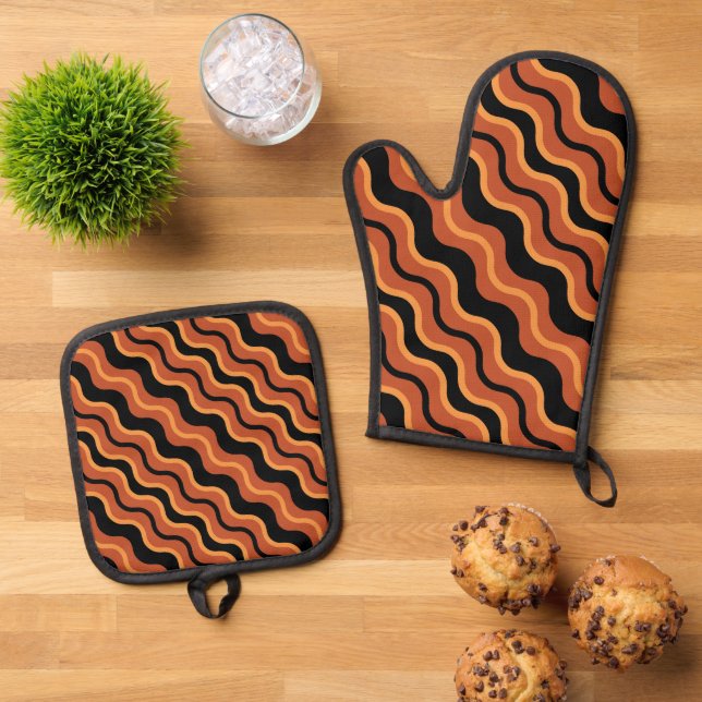 Cooler Fall Saisonale Wavy Line Küche Ofenhandschuh & Topflappen-Set (Oben Unten)