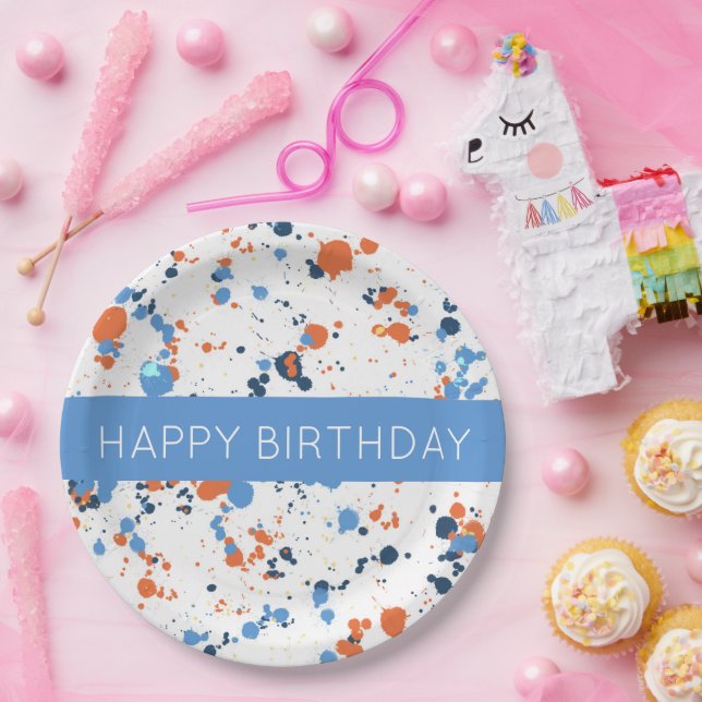 Cooler farbenfroher Paint Spritzer Happy Birthday Pappteller (Party)